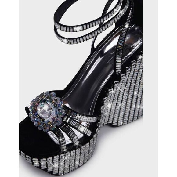 BNIB~AZALEA WANG Rosalia Black & Silver Platform Sparkle Wedge Heel Sandals Sz 1 - Picture 7 of 11